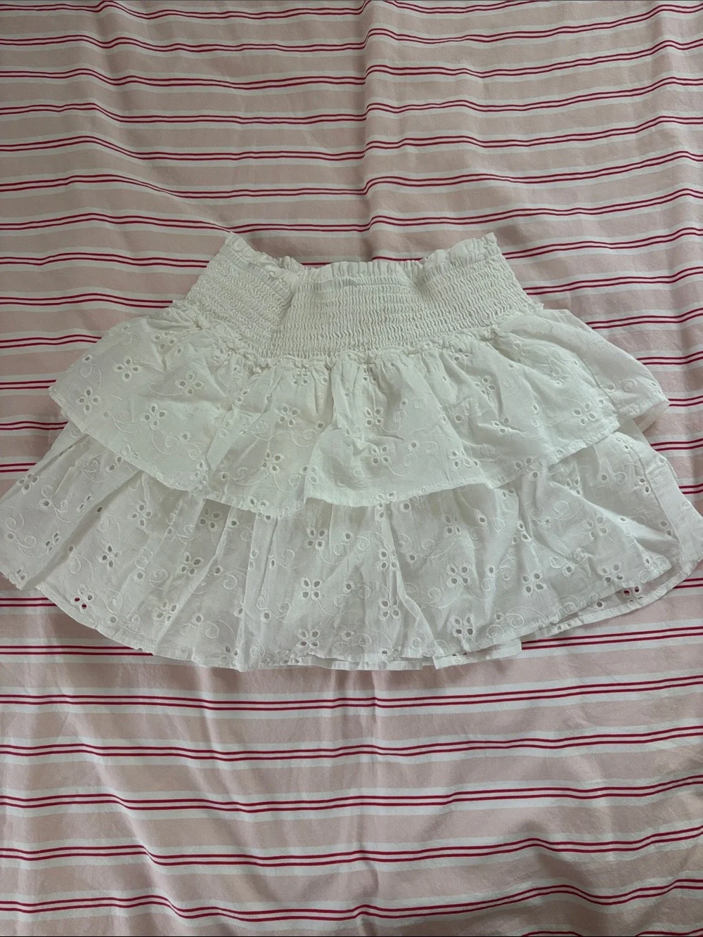 White Eyelet Tiered Mini Skirt - Lightweight Ruffled Summer Skirt
